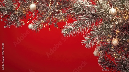 Christmas tree with sparkling lights on a festive red background, symbolizing holiday joy and celebration, conveying warmth and happiness during the winter season, Generative Ai