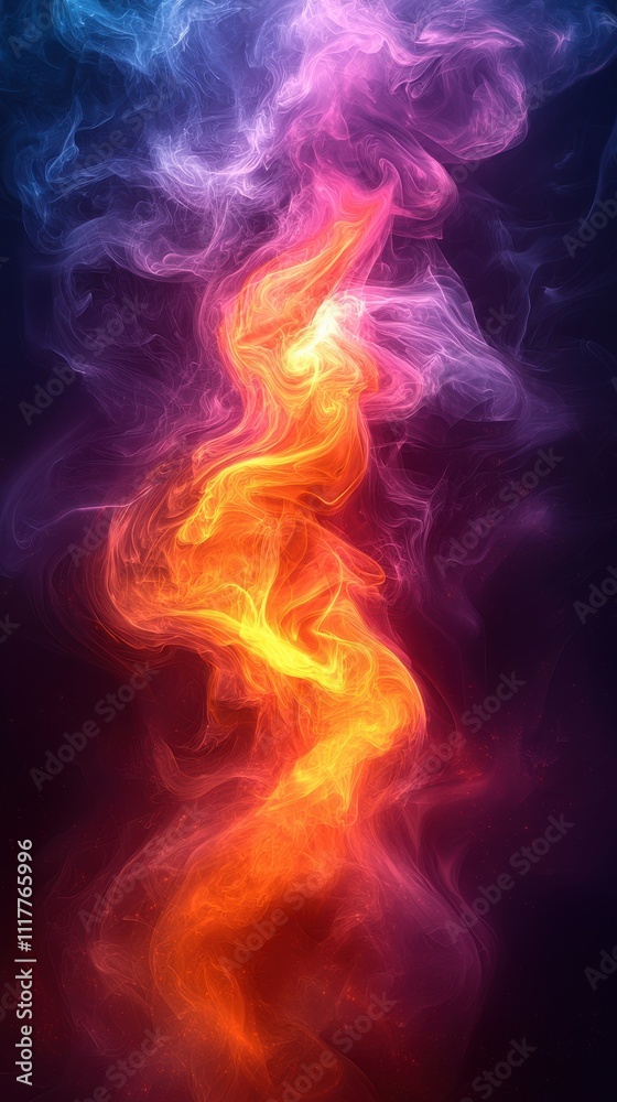Colorful swirling smoke abstract art creating a vibrant flame effect in dark background