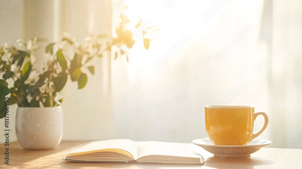 A serene morning scene featuring a journal open to a New Year's resolutions list written neatly in bold letters, placed on a wooden table alongside a steaming cup of herbal tea. The background shows A serene morning scene featuring a journal open to a New Year's resolutions list written neatly in bold letters, placed on a wooden table alongside a steaming cup of herbal tea. The background shows