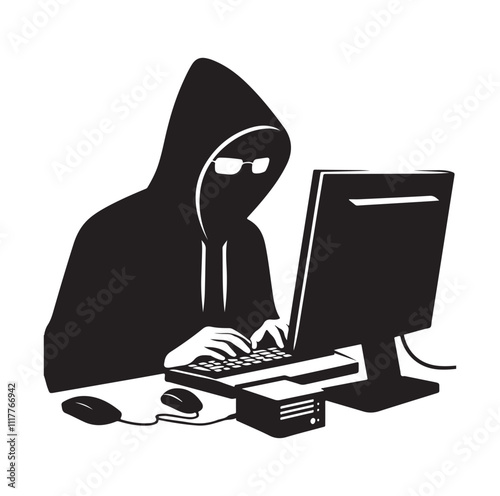 Computer hacker with laptop silhouette vector illustration