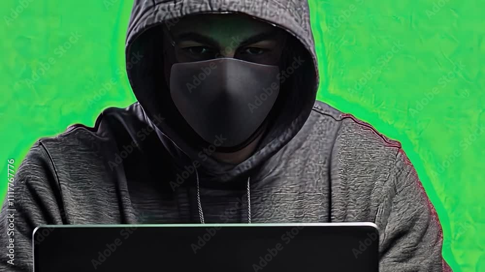 Cybersecurity Threat: A hooded figure wearing a black mask, hunched over a laptop screen, embodies the ominous presence of cybercrime. The green backdrop enhances the sense of secrecy and danger.
