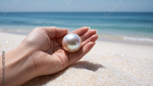 Delicate White Pearl Held by Hand on White Beach Sand