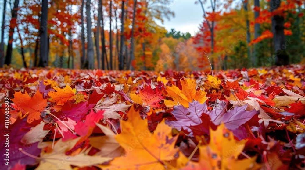 A picturesque autumn forest with a carpet of fallen leaves in vibrant shades of red, orange, and yellow A picturesque autumn forest with a carpet of fallen leaves in vibrant shades of red, orange, and yellow
