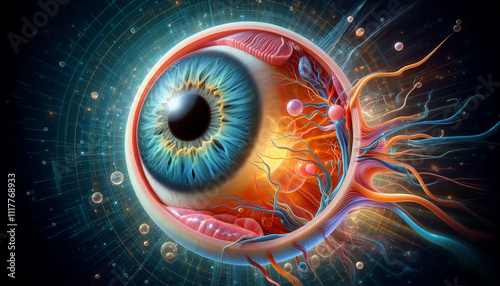 3D illustration of a human eyeball, showcasing internal structures such as the retina, lens, and optic nerve in vibrant colors