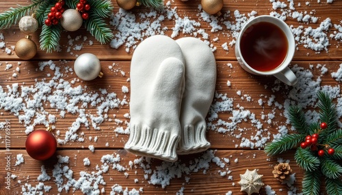 Cozy Winter Scene: White Mittens, Tea, and Christmas Decorations on Wood