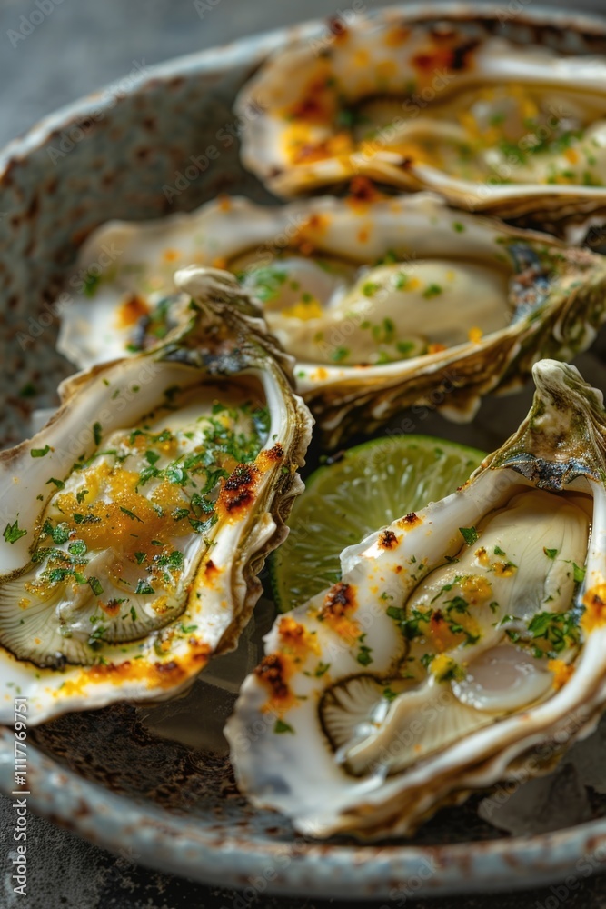 Plate of oysters ready to be enjoyed with a squeeze of fresh lime juice Plate of oysters ready to be enjoyed with a squeeze of fresh lime juice
