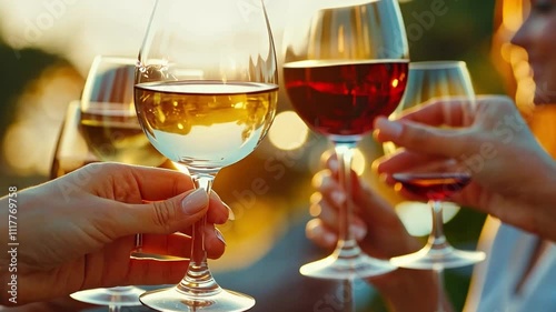 Sunset Wine Toast: Friends raise a toast with glasses of red and white wine, bathed in the warm glow of the setting sun. A moment of togetherness and simple pleasures.