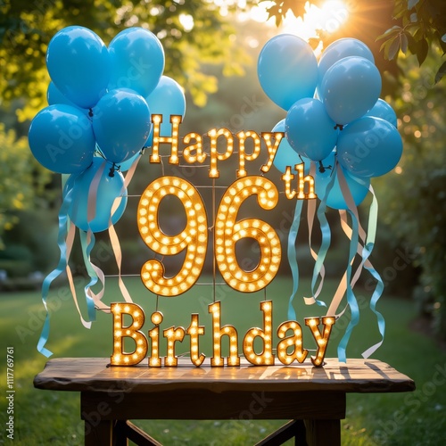 Serene 96th Birthday, Outdoor Celebration with Light-Up Sign, Balloons, and Lush Greenery photo