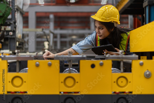 Female mechanical engineer in safety suit checking or inspecting a machine in metal sheet production system. Using technology for iron sheet formation and shape. Young factory worker examining machine photo