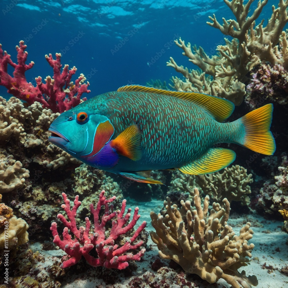 A parrotfish swimming among bright corals in a vibrant underwater world. A parrotfish swimming among bright corals in a vibrant underwater world.