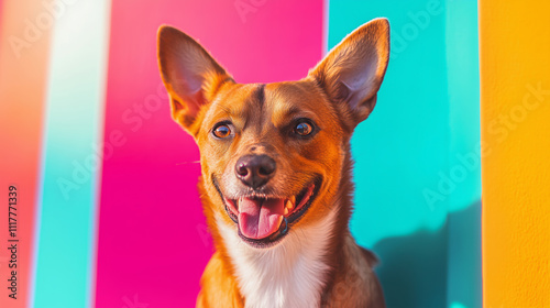 A cheerful brown mixed-breed dog with upright ears and bright eyes, smiling with its tongue out. The vibrant background features pink, teal, and yellow colors, creating a playful and lively atmosphere