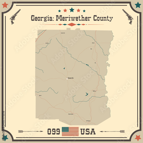 Large and accurate map of Meriwether County, Georgia, USA with vintage colors.