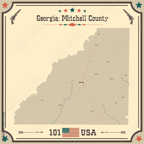 Large and accurate map of Mitchell County, Georgia, USA with vintage colors.