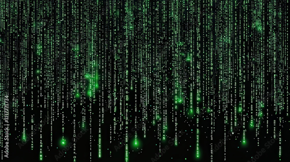 Dynamic Stream of Flowing Binary Code Illuminated in Green Against a Dark Background Dynamic Stream of Flowing Binary Code Illuminated in Green Against a Dark Background