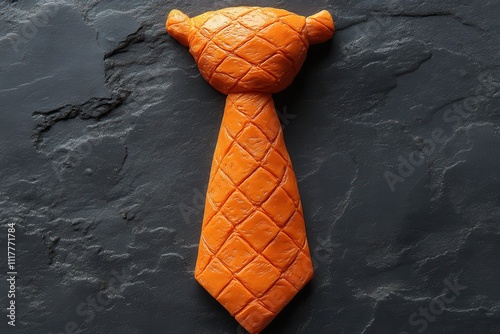 An orange tie shaped like a bear's head, set against a dark stone background. photo