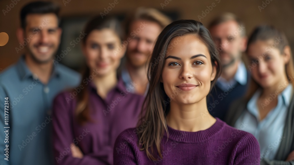 Obraz premium Confident Coworkers Team, Blurred Office Attire, Plum Sweater Focus, Warm Background