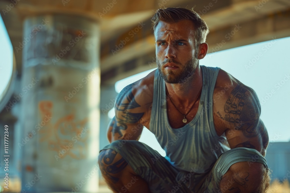 A person with tattoos is squatting on the ground, great for fitness or lifestyle shots A person with tattoos is squatting on the ground, great for fitness or lifestyle shots