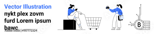 Woman on phone, shopping cart, woman with boxed item, Bitcoin symbol. Ideal for e-commerce, financial technology, shopping apps, digital transactions, online retail, cryptocurrency, tech startups