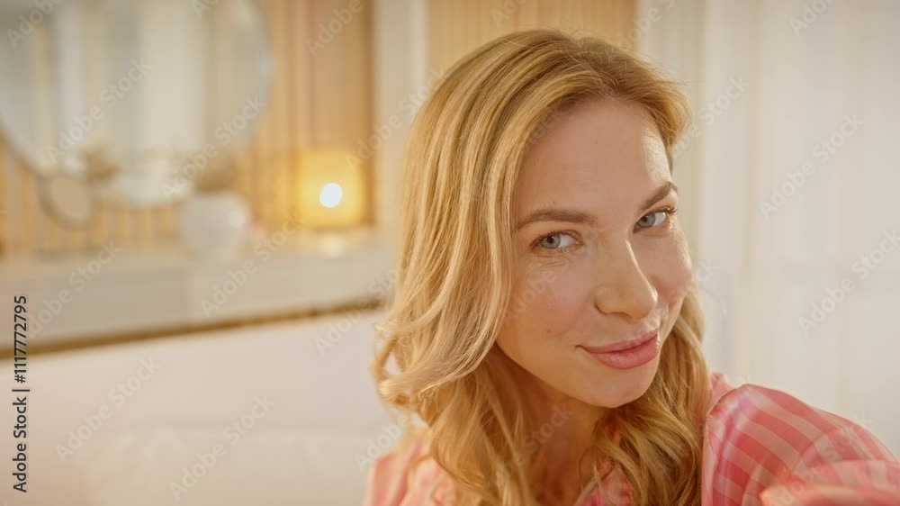 Portrait of Caucasian female blogger streaming beauty video for her followers. Young woman stroking her smooth wavy hair while telling about her morning routine on camera. Content. Blogging concept. Portrait of Caucasian female blogger streaming beauty video for her followers. Young woman stroking her smooth wavy hair while telling about her morning routine on camera. Content. Blogging concept.