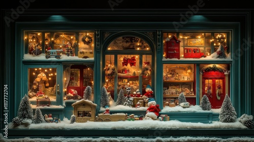 Christmas toy store window display with wooden toys and snowy decor