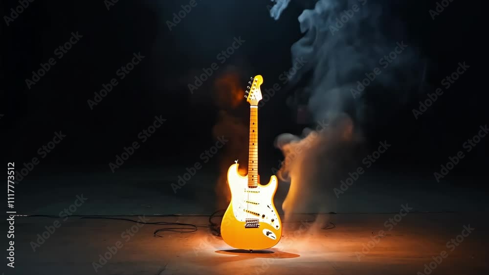 A light-colored electric guitar is shown burning in a dark setting, with flames covering its body and neck, creating a dramatic and intense visual effect. 4k Video footage