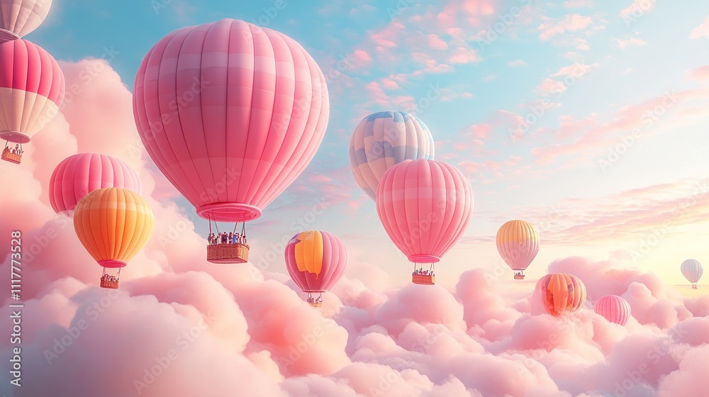 A serene scene of colorful hot air balloons floating among fluffy clouds at sunset. A serene scene of colorful hot air balloons floating among fluffy clouds at sunset.