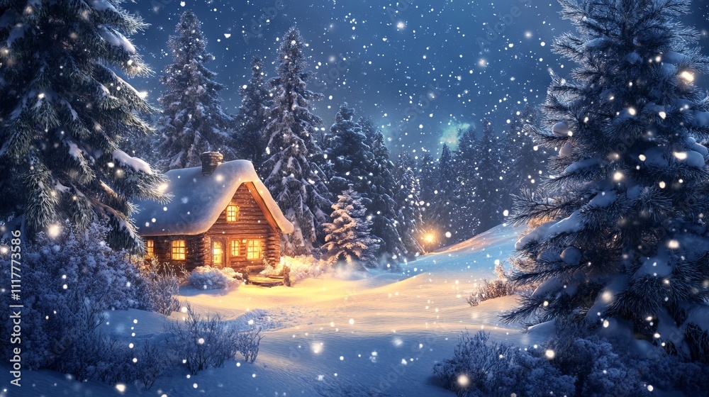 Naklejka premium Enchanted Snowy Landscape with Lit Cabin at Night. AI generated illustration