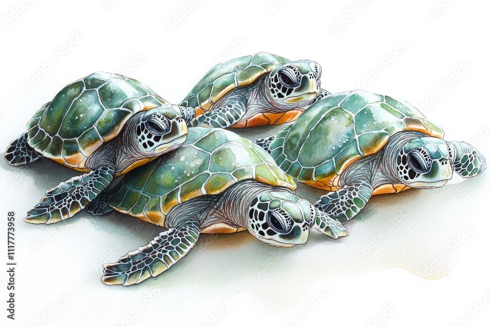 Fototapeta premium Group of turtles sitting on a white surface, great for backgrounds or illustrations