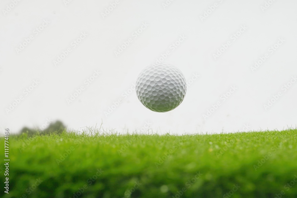 A golf ball in mid-air, suspended above lush green grass A golf ball in mid-air, suspended above lush green grass