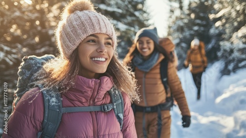 Three friends embark on an adventure through a snowy forest, basking in sunlight and laughter. Bundled up in cozy outfits, they share joyful moments amid the serene beauty of winter