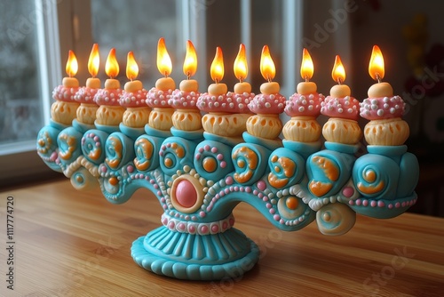 A colorful menorah with lit candles, symbolizing the Jewish festival of Hanukkah. photo