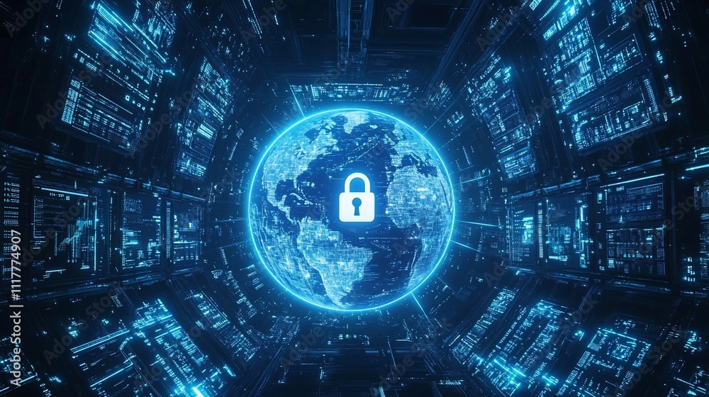 Global cybersecurity concept Earth with padlock, digital screens. Global cybersecurity concept Earth with padlock, digital screens.