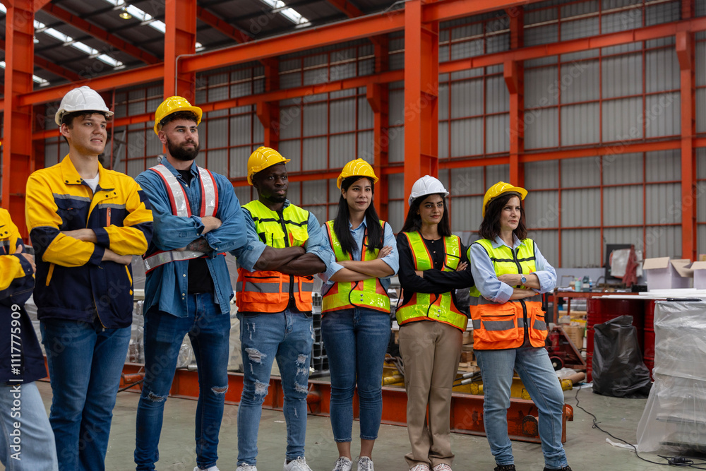 A group of mechanical engineers from different cultures and ethnicities stand with arm crossed express confidence that they are ready to do their project in a iron steel factory, Group dynamic A group of mechanical engineers from different cultures and ethnicities stand with arm crossed express confidence that they are ready to do their project in a iron steel factory, Group dynamic