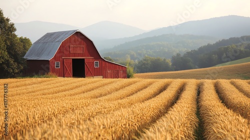 A serene landscape featuring a red barn amidst golden wheat fields and rolling hills.