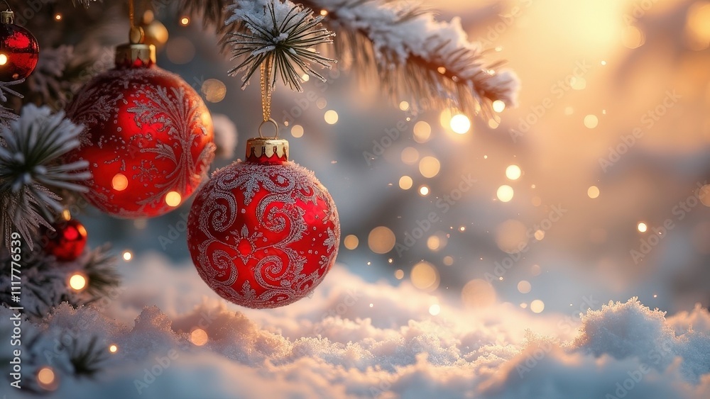Snowy Christmas Scene with Red Ornaments and Warm Sunset Glow Snowy Christmas Scene with Red Ornaments and Warm Sunset Glow