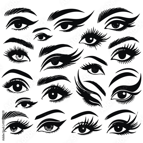 Сollection of black and white illustrations silhouettes of womens eyes with various eyebrow shapes, eyeliner styles and lashes. Vector isolated womens eyes set on white background.