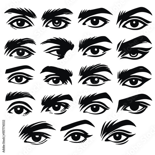 Collection of black and white male eyes  with different shapes, expressions and eyebrow styles. Vector isolated eyes set on white background. Eyes silhouettes.