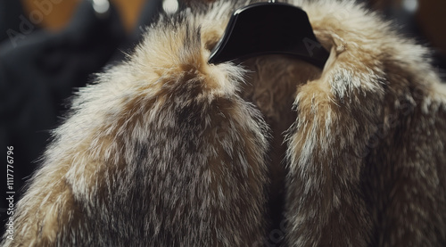 Cute fur coats hanging on hangers in the store, with a bokeh background. Close-up of luxury women's made from natural animal furs. Concept of high-end fashion and the winter season. 