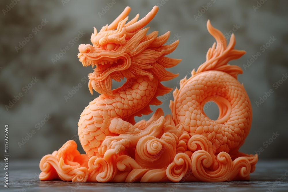 A detailed orange dragon sculpture resting on stylized clouds, showcasing intricate design. A detailed orange dragon sculpture resting on stylized clouds, showcasing intricate design.
