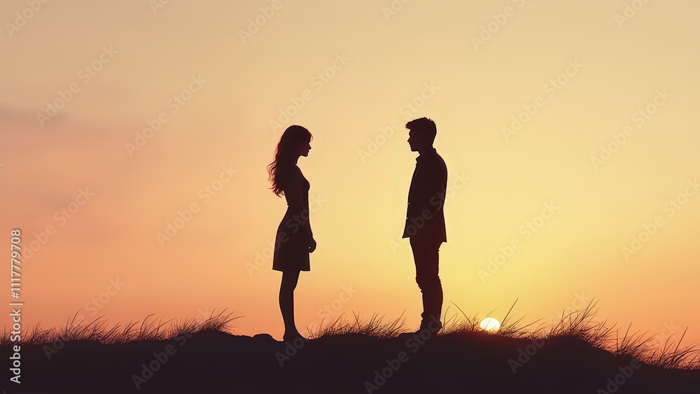 Silhouette of Woman and Man on Grassy Hill at Sunset Silhouette of Woman and Man on Grassy Hill at Sunset