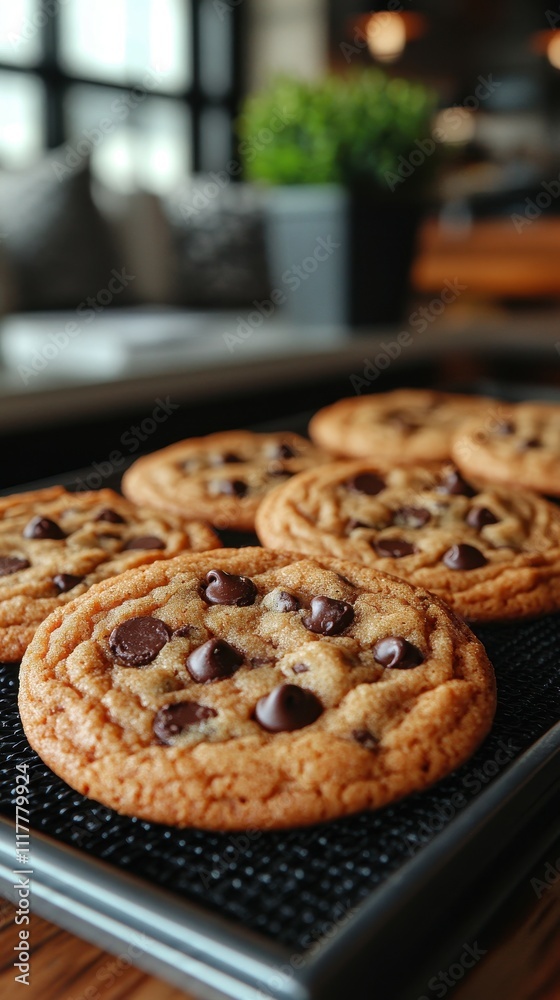 Warm chocolate chip cookies are cooling on a wire rack in a cozy kitchen. The inviting atmosphere features soft lighting and a blurred background of home decor Warm chocolate chip cookies are cooling on a wire rack in a cozy kitchen. The inviting atmosphere features soft lighting and a blurred background of home decor