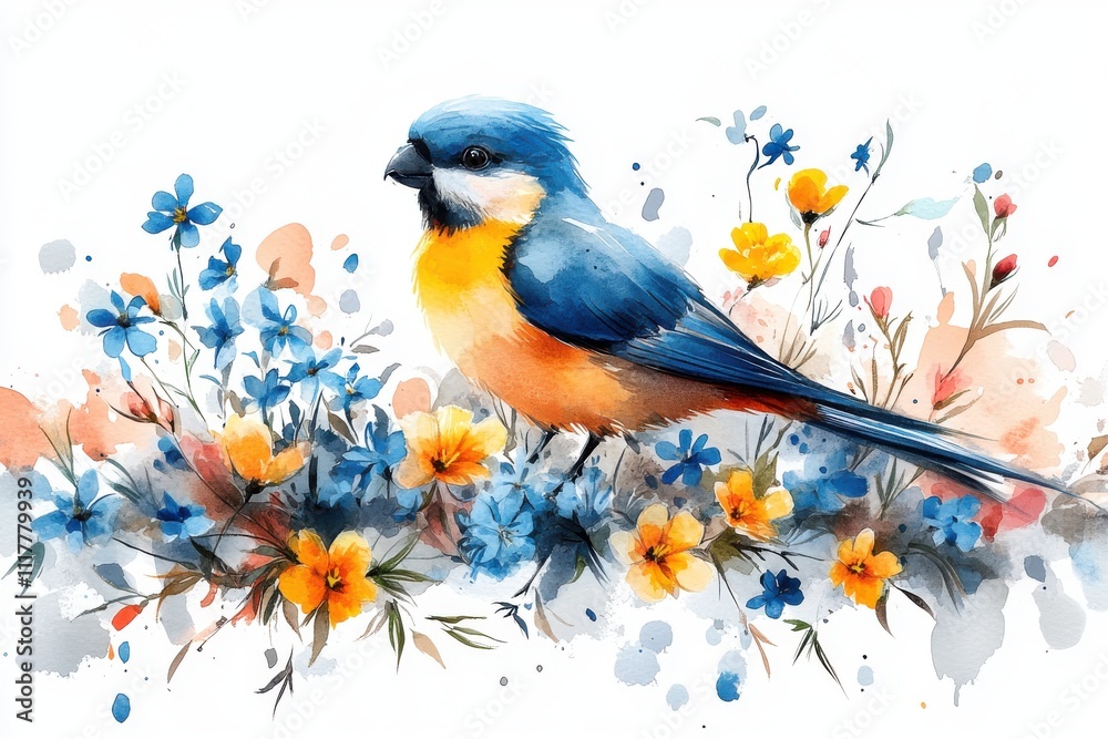 A colorful bird perched among vibrant flowers in a watercolor illustration. A colorful bird perched among vibrant flowers in a watercolor illustration.