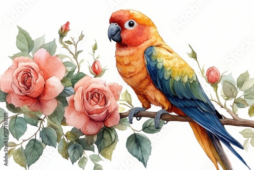 A vibrant parrot perched on a branch surrounded by blooming roses in a watercolor style. photo