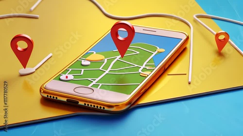 Wallpaper Mural Smartphone with map, 3D Map pins, GPS, navigator pin checking points, 3D World Map icon, technology and application mobile smart phone with mobile, delivery tracking, transportation Torontodigital.ca