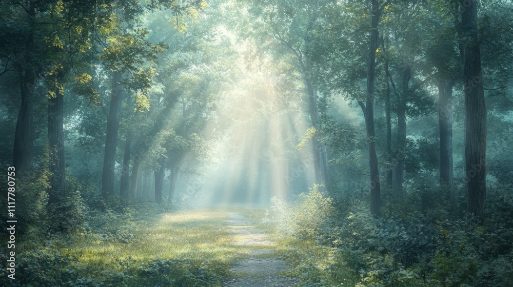 Serene forest path illuminated by soft sunlight through trees. Serene forest path illuminated by soft sunlight through trees.