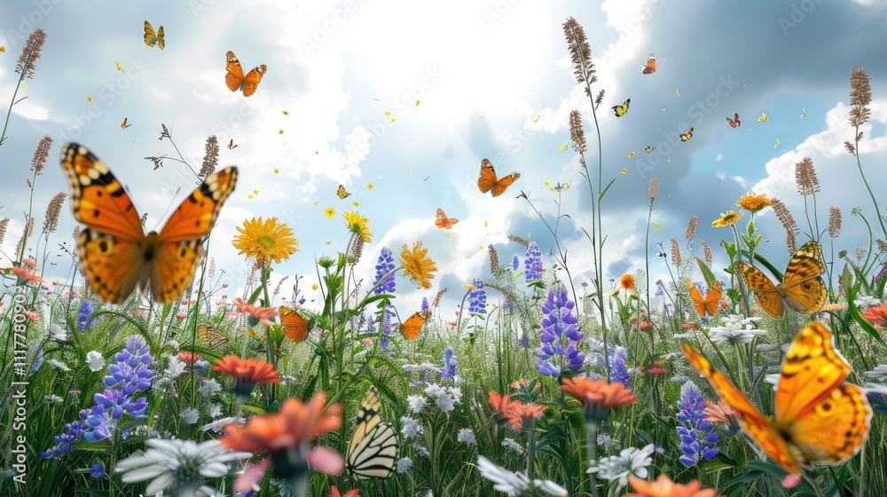 A picturesque view of a meadow filled with colorful wildflowers and butterflies fluttering about, under a bright summer sky A picturesque view of a meadow filled with colorful wildflowers and butterflies fluttering about, under a bright summer sky