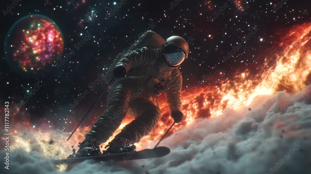 Astronaut skiing through a cosmic landscape Astronaut skiing through a cosmic landscape