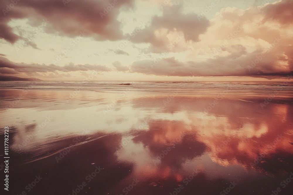 Serene beach at sunset with reflective clouds and calm waters. Serene beach at sunset with reflective clouds and calm waters.