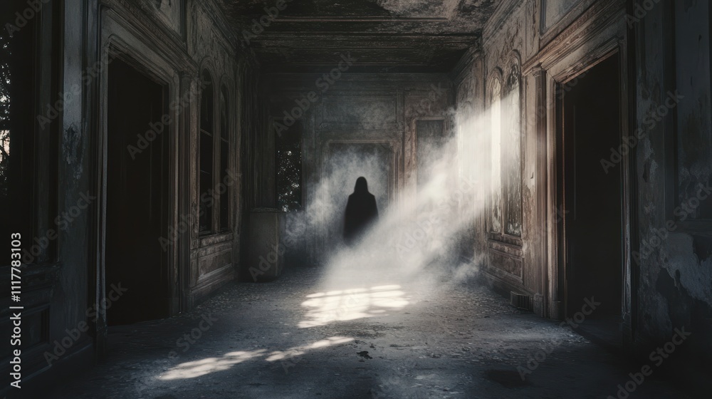 Mysterious Figure in an Abandoned Hallway Mysterious Figure in an Abandoned Hallway