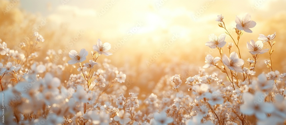 A serene field of blooming flowers illuminated by warm sunlight during golden hour. A serene field of blooming flowers illuminated by warm sunlight during golden hour.